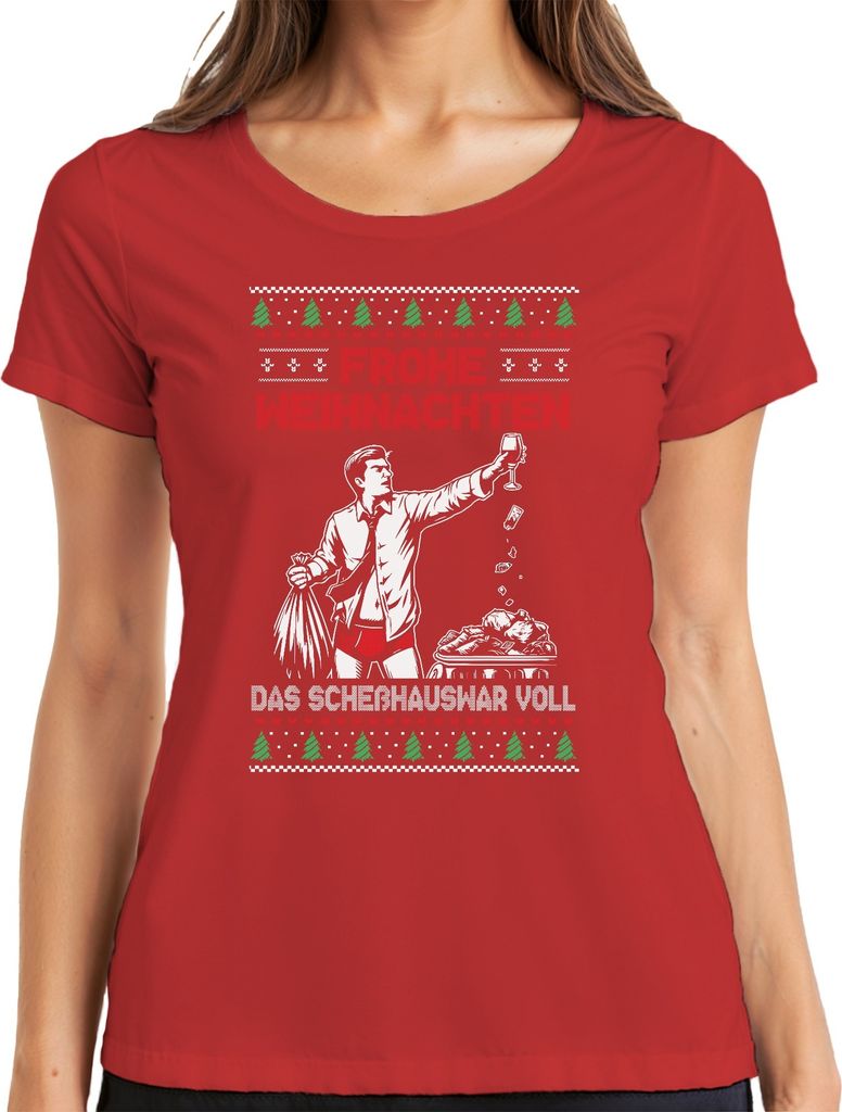 Frohe Weihnachten Sarkasmus - Ugly Christmas Sweater Damen T-Shirt, Rot, L
