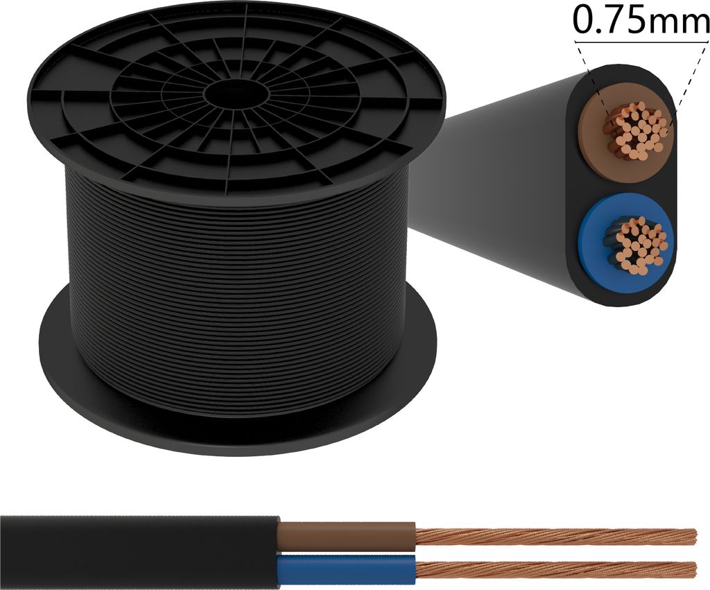 2-adrig 2x0,75 Stromkabel Elektrokabel H03VVH2-F Schwarz 1 meter