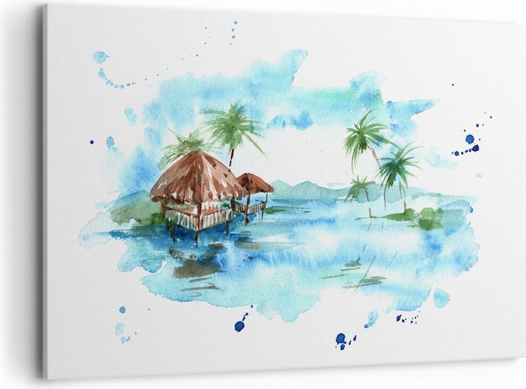 Bild auf Leinwand - Leinwandbild - Tropen Wasser Bungalow Ufer - 120x80cm - Wand Bild - Wanddeko - Leinwanddruck - Bilder - Kunstdruck - Wanddekora...
