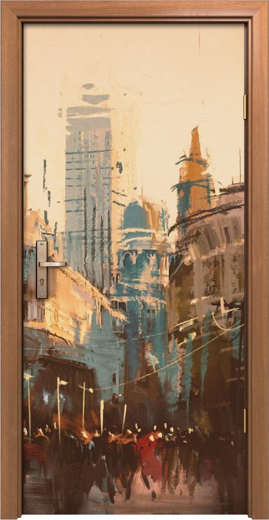 Türposter 90x200 cm Türaufkleber Türtapete Türfolie Klebefolie Stadt modern Menschen Straße Gebäude