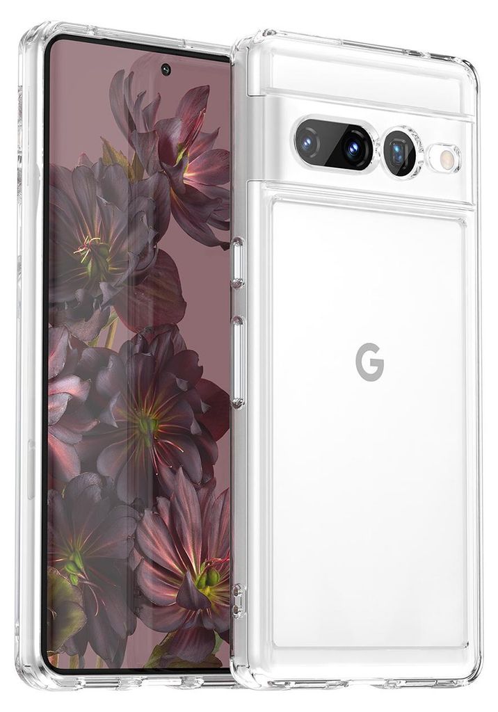 A clear protective case for a Google Pixel 7 Pro phone, showing the phone's floral wallpaper and the Google logo on the case.