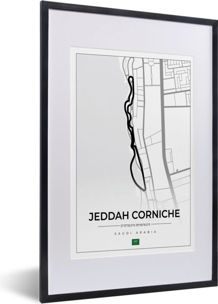 MuchoWow Gerahmtes Poster Rennstrecke - Sport - Saudi-Arabien - Formel 1 - Jeddah Corniche Circuit - Weiß 40x60 cm - Poster mit Schwarzem Bilder...