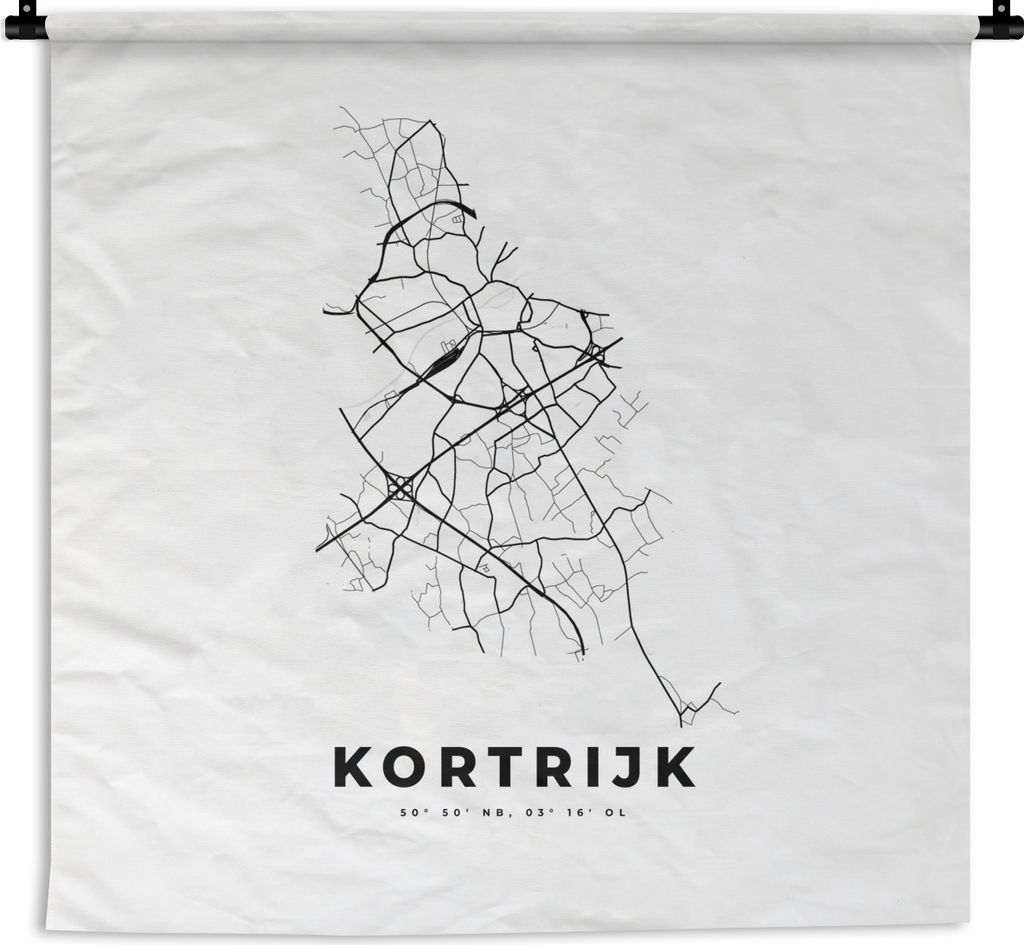 MuchoWow Wandteppich Wandbehang Karte - Stadtplan - Kortrijk - Belgien - Schwarz und weiß 60x60 cm Tapisserie Dekoration Wandtuch - Dekorationen...