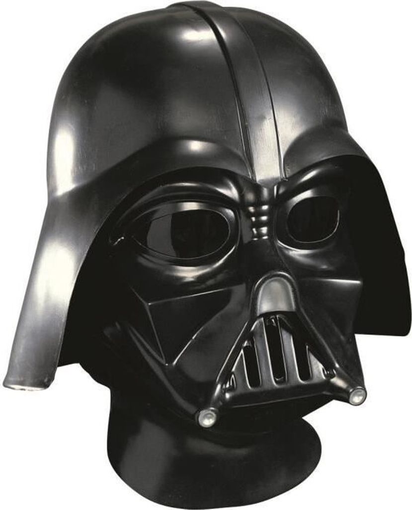 A black Darth Vader helmet on a stand against a white background.