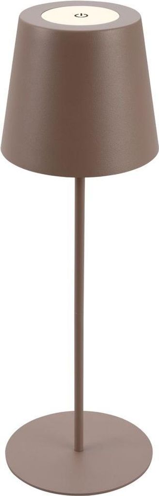 A brown cordless table lamp with a round base and a conical shade.