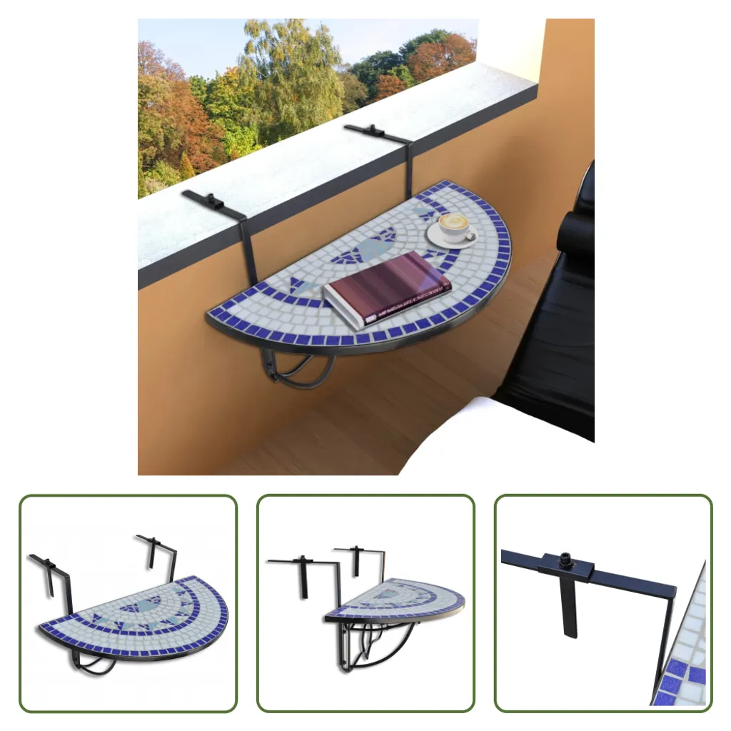 Table suspendue mosaïque bleue et blanche, plateau céramique résistant