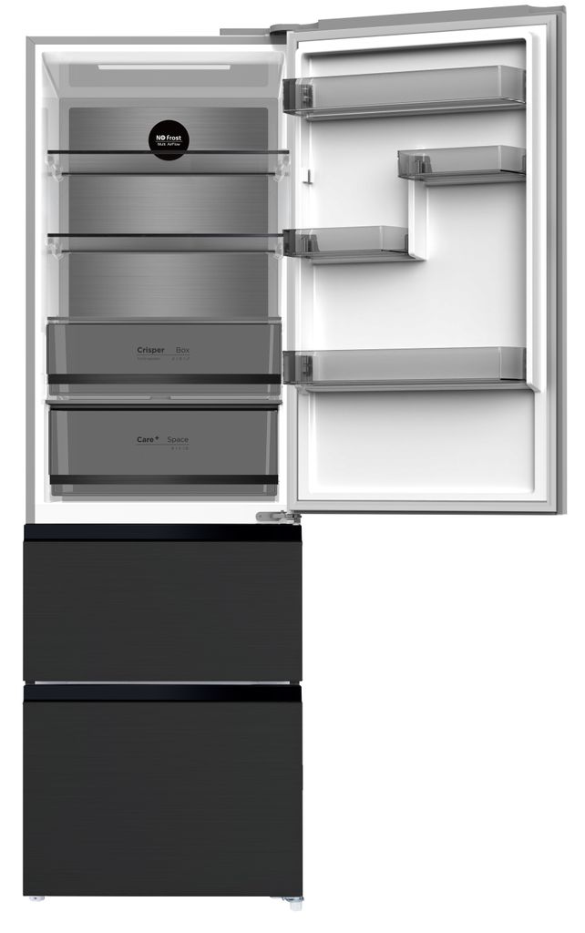 The interior of an open refrigerator with shelves and drawers.