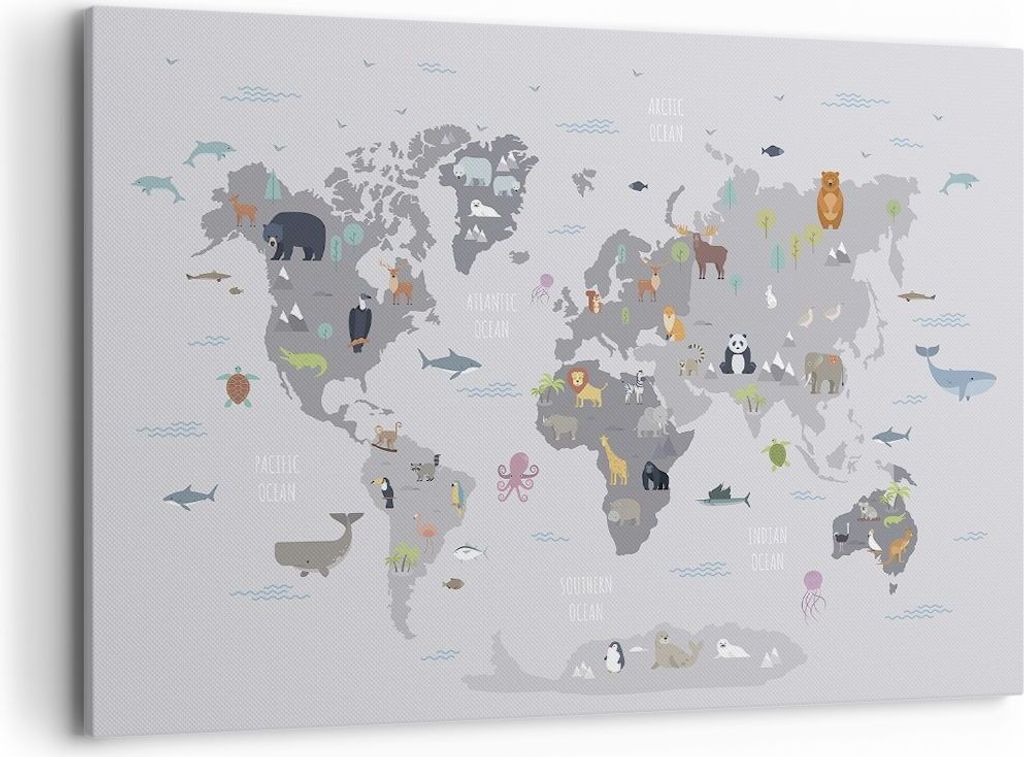 Bild auf Leinwand - Leinwandbild - Einteilig - Karte die Welt Kontinente - 120x80cm - Wand Bild - Wanddeko - Wandbilder - Leinwanddruck - Bilder - ...