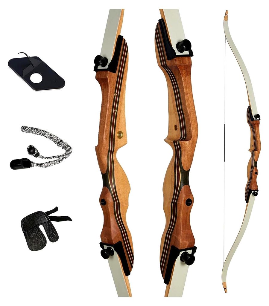 Recurvebogen Set für Einsteiger, 62 Zoll rechtshändiger Bogen aus laminiertem Holz, 26-38 lbs Zuggewicht für Zielübungen und Wettkämpfe