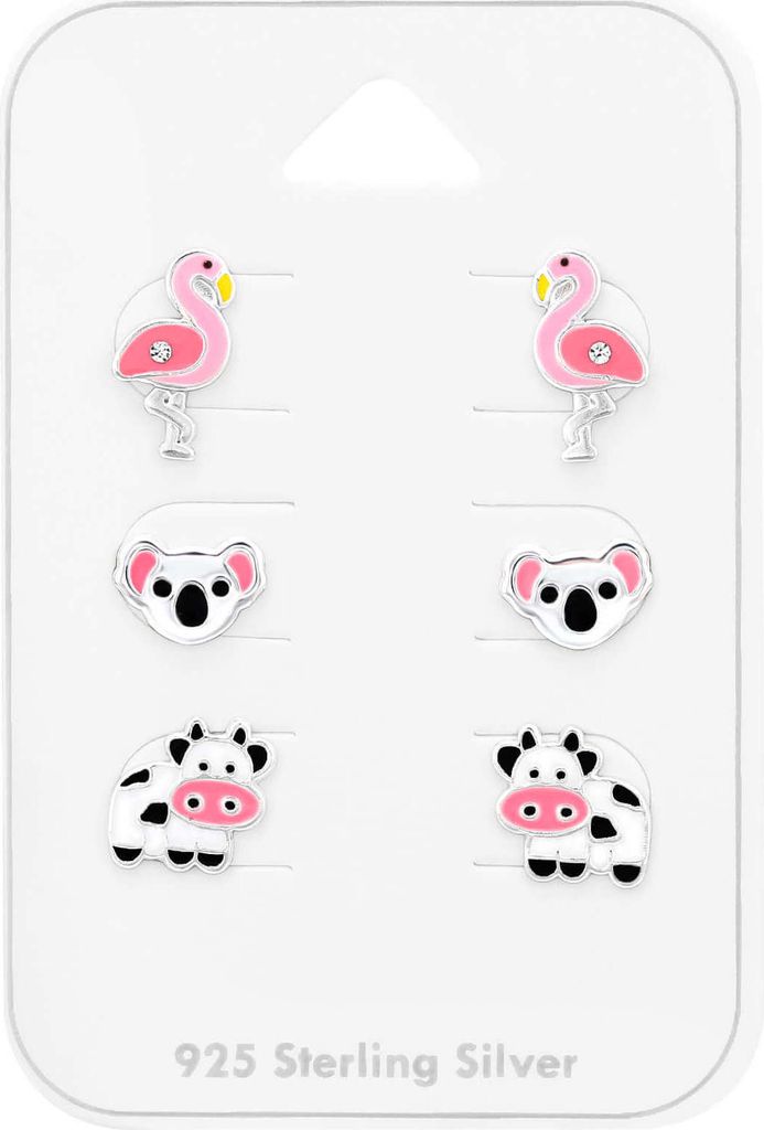 Kinder Ohrringe Ohrstecker Set 925 Sterling Silber mit Flamingo, Koala & Kuh