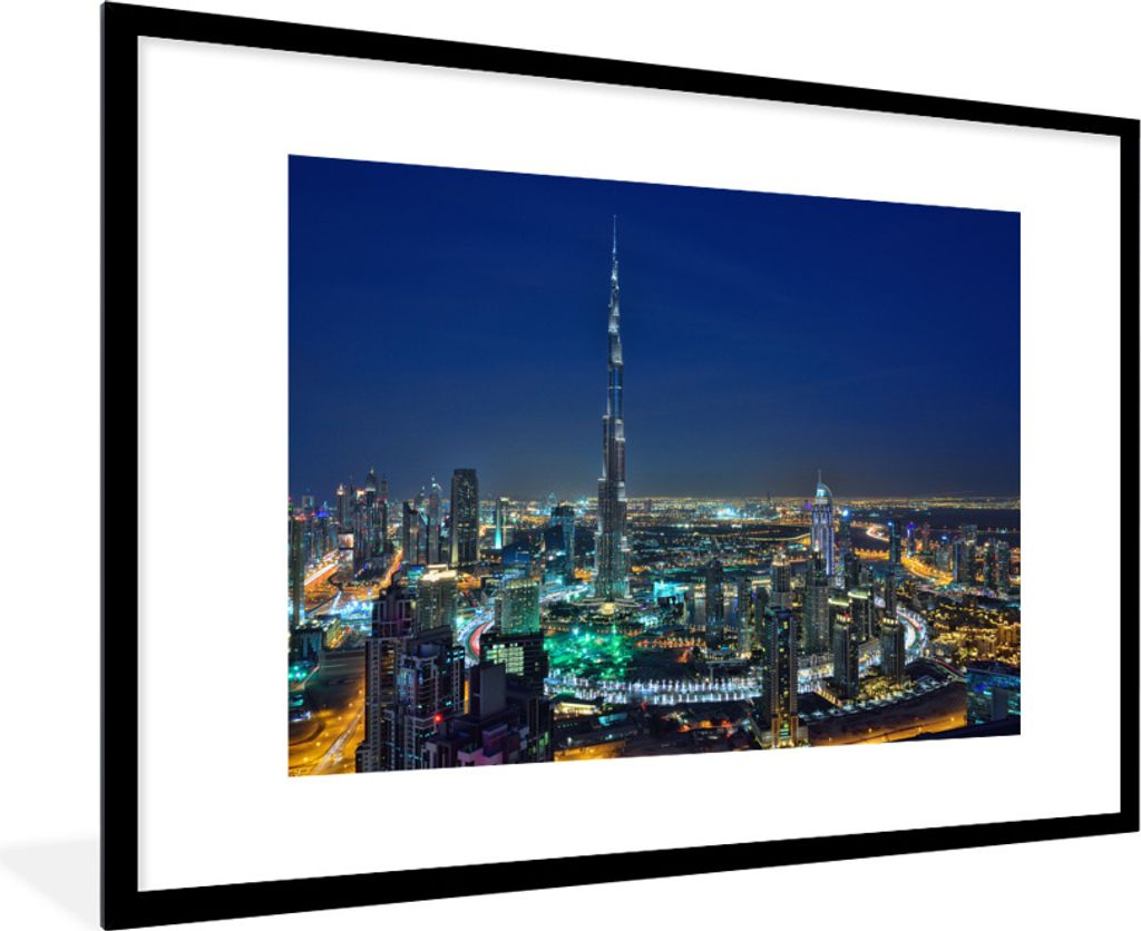 MuchoWow Gerahmtes Poster Dubai und der Burj Khalifa beleuchtet am Abend 90x60 cm - Poster mit Schwarzem Bilderrahmen Wandposter Rahmen Foto Bild...