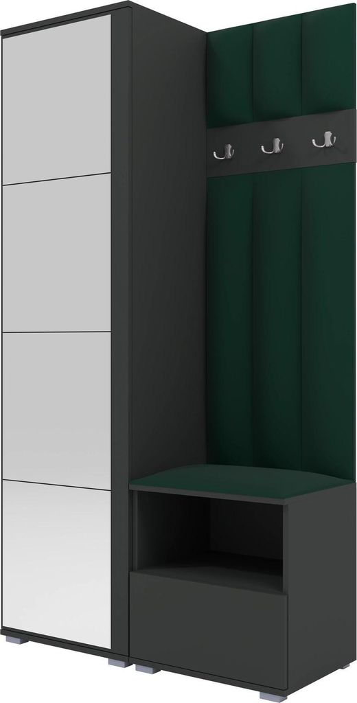 Garderoben-Set Nela I LUX mit Spiegel, gepolsterte Garderobe 100 cm mit Sitzbank, Wandpaneelen und Stauraum (Farbe: Graphit + Trinity 28)