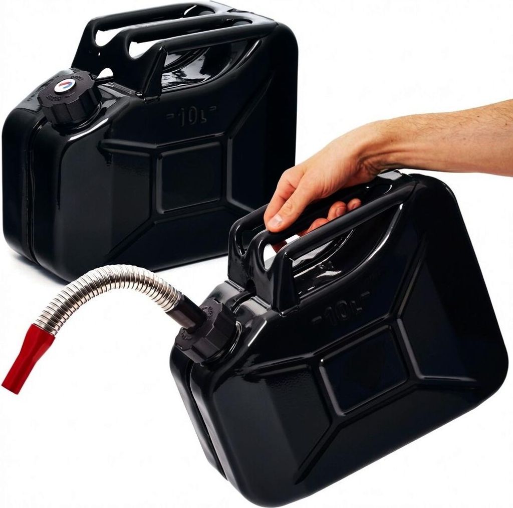 BW Kraftstoffkanister Metall Benzinkanister 2x 10 Liter mit Schraubverschluss mit Ausgießer - Schwarz RAL 9005 - UN-Zulassung - Hergestellt in E...