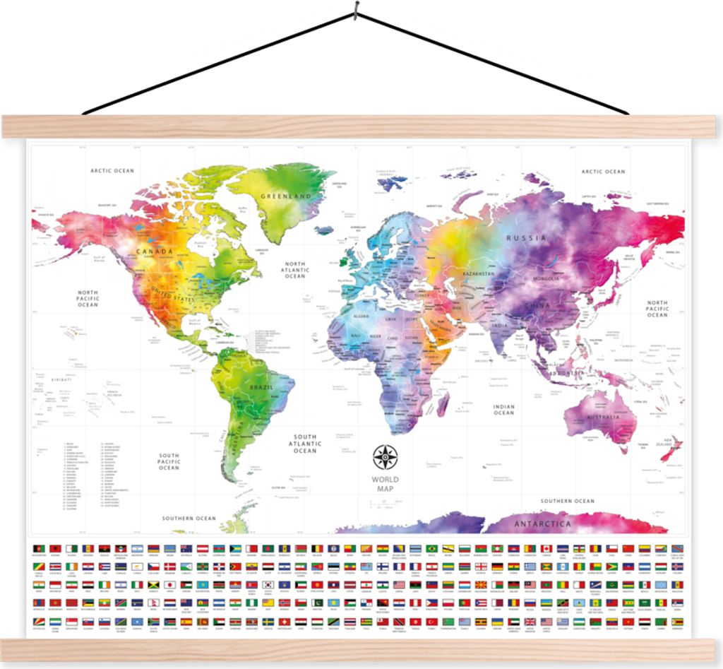 MuchoWow Textilposter Weltkarte - Aquarell - Regenbogen - Flagge 150x113 cm mit holzfarbenen Rahmen - Poster