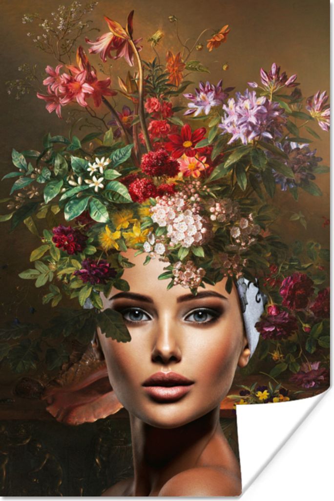 MuchoWow Poster Frau - Blumen - Farben 80x120 cm - Papierdruck