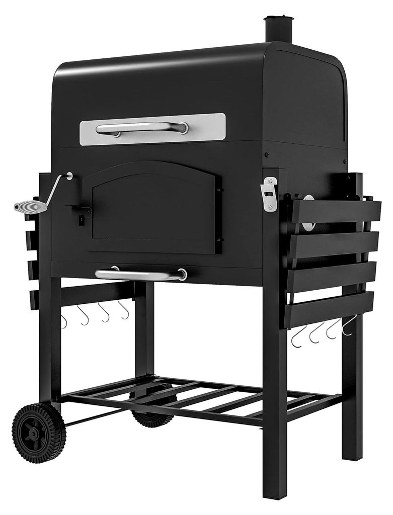 Holzkohlegrill BBQ Gartengrill mit Deckel und Ablagen, Campinggrill mit Smoker, Warmhalteplatte, Regale, Gartenparty, Transportrollen, Metall, Schw...