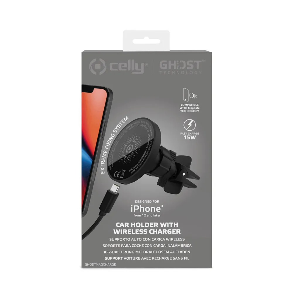 Celly GHOSTMAGCHARGE Support Voiture Magnétique Actif pour iPhone Noir - 5