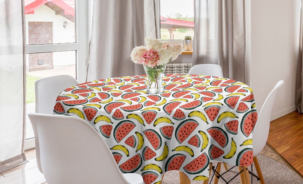 ABAKUHAUS Früchte Runde Tischdecke, Wassermelone-Scheiben Bananen, Kreis Tischdecke Abdeckung für Esszimmer Küche Dekoration, 150 cm, Coral Wei...