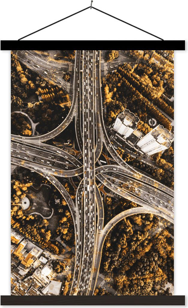 MuchoWow Textilposter Gold - Autobahn - Bäume 120x180 cm mit schwarzem Rahmen - Fotos