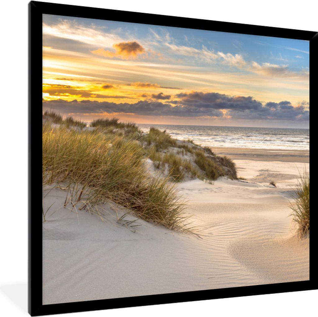 MuchoWow Gerahmtes Poster Strand - Düne - Gras - Sonnenuntergang - Meer 40x40 cm - Poster mit Schwarzem Bilderrahmen Wandposter Rahmen Foto Bild...