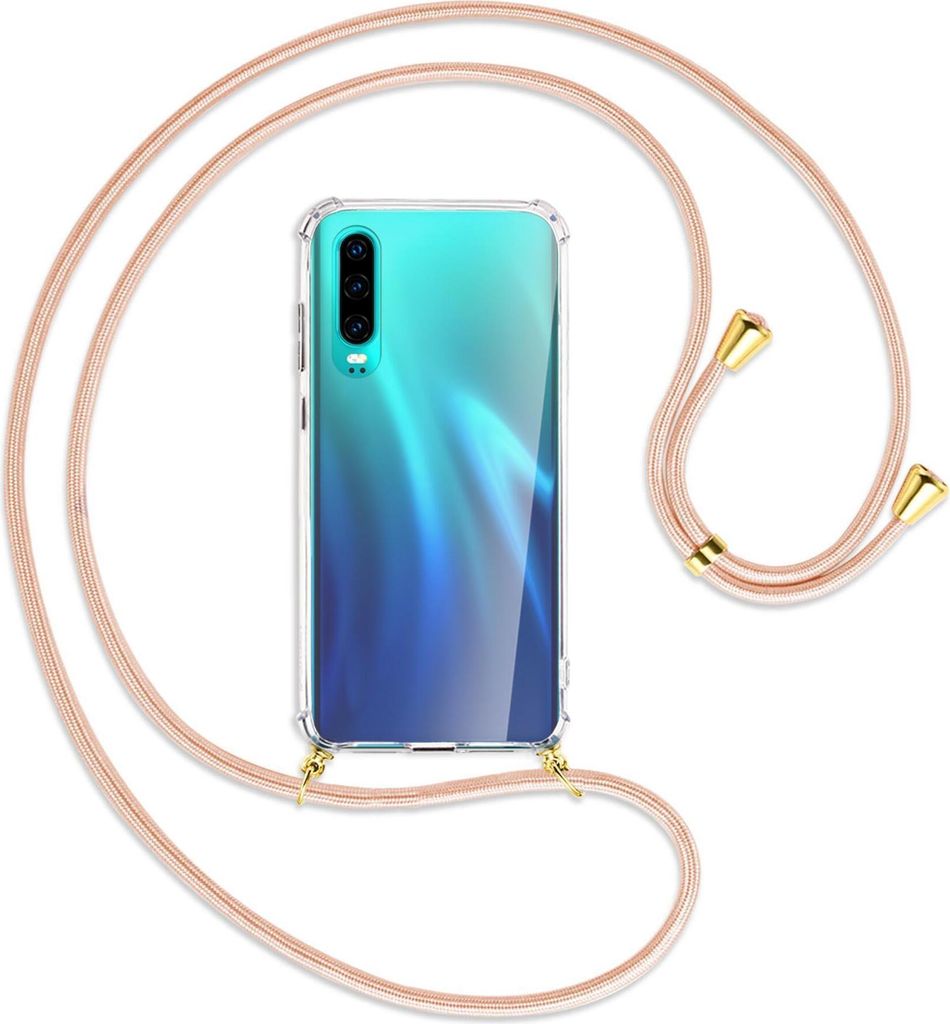 Handykette Backcover-Schutzhülle mit Band (Metall goldfarben) für Huawei P30 - rose peach