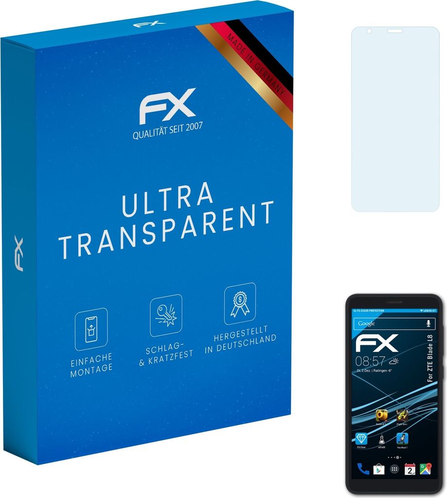 atFoliX FX-Clear 3x Schutzfolie kompatibel mit ZTE Blade L8 Displayschutzfolie