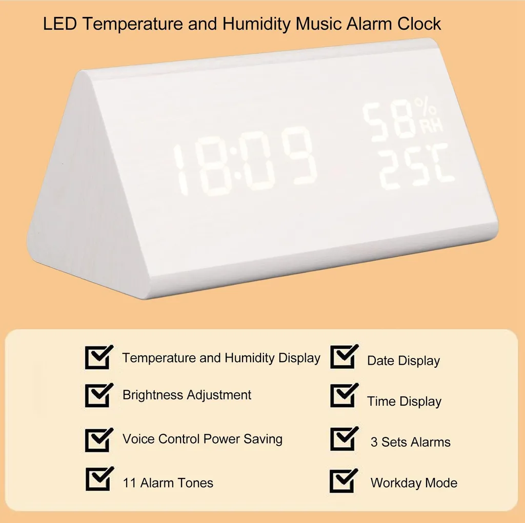 Réveil matin digital bois blanc avec capteur humidité et contrôle vocal