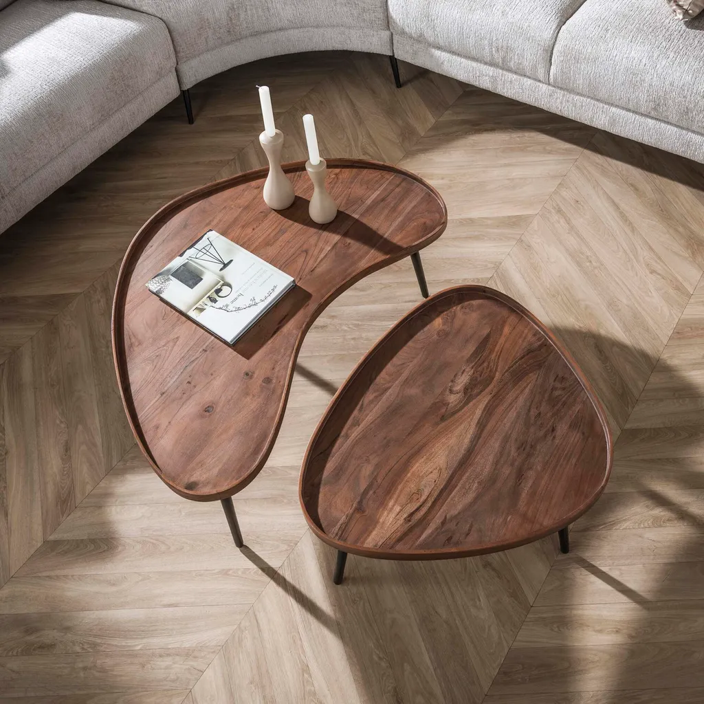 Table basse acacia sculpté main 103 cm marron et noir design unique