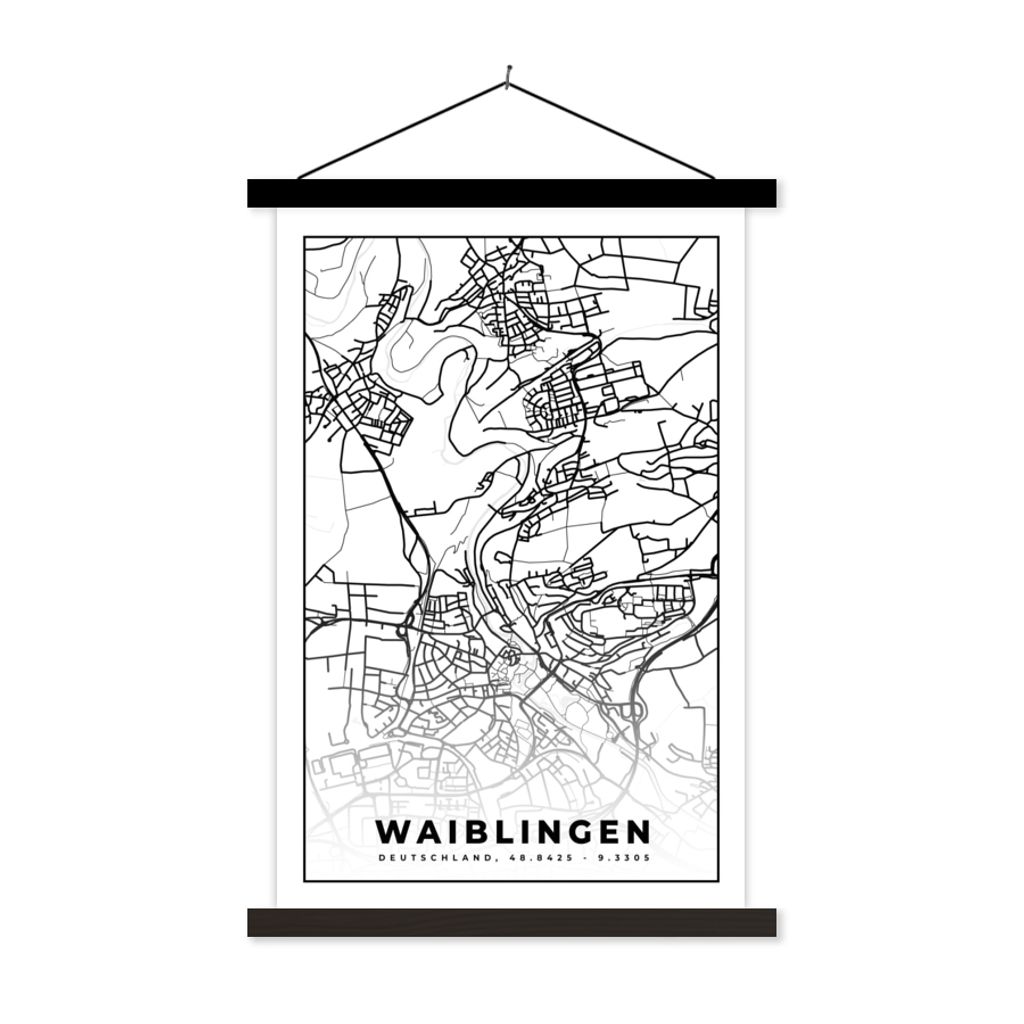 MuchoWow Textilposter Karte - Stadtplan - Waiblingen - Karte 60x90 cm mit schwarzem Rahmen - Poster Wohnzimmer
