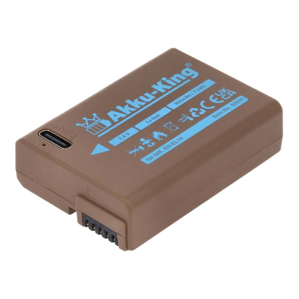 Akku kompatibel mit Nikon EN-EL14 - Li-Ion 950mAh - mit USB-C Input - für CoolPix P7000, P7100, P7700, P7800, D3100, D3200, D3300, D3400, D5100, D...
