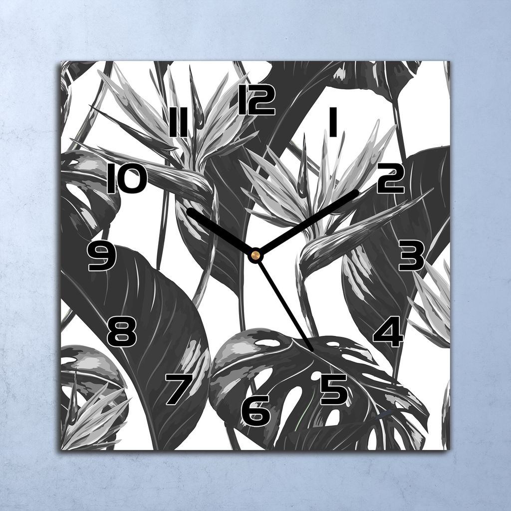 Wanduhr Echt-Glas-Küchenuhr Monochrome Pflanzen Quarz 30x30 Deko Bilder