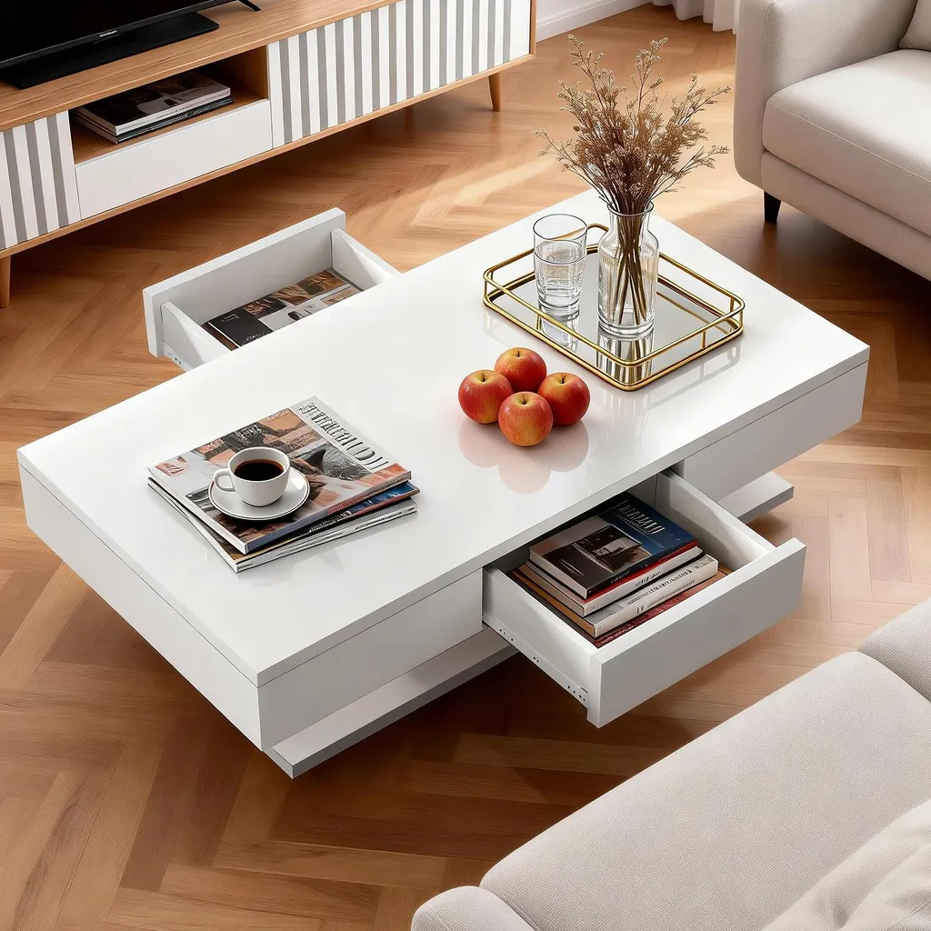 Table basse avec 2 tiroirs de rangement et niche ouverte - Blanc moderne