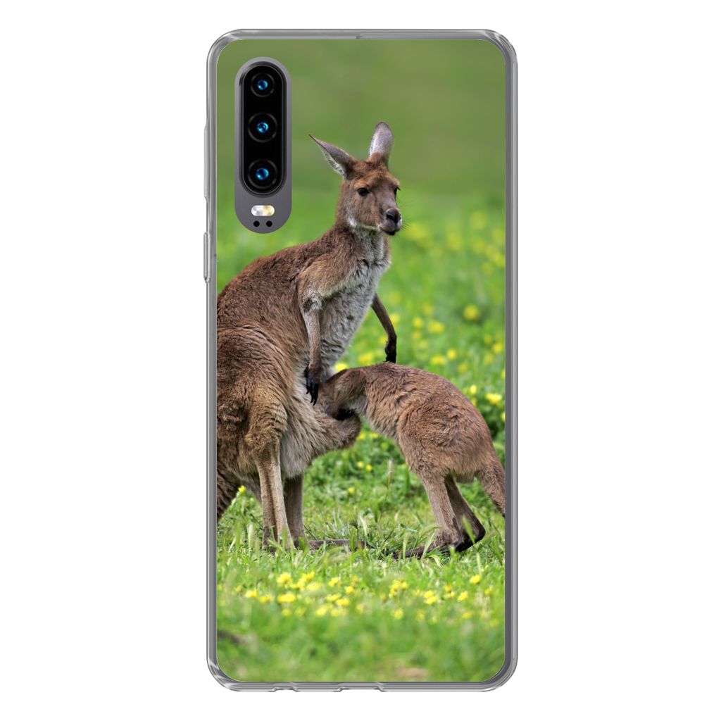 MuchoWow Handyhülle Schutzhülle Hülle für Huawei P30 Känguru - Blumen - Jung Silikon Softcase Handy Hülle - Kartenbesitzer