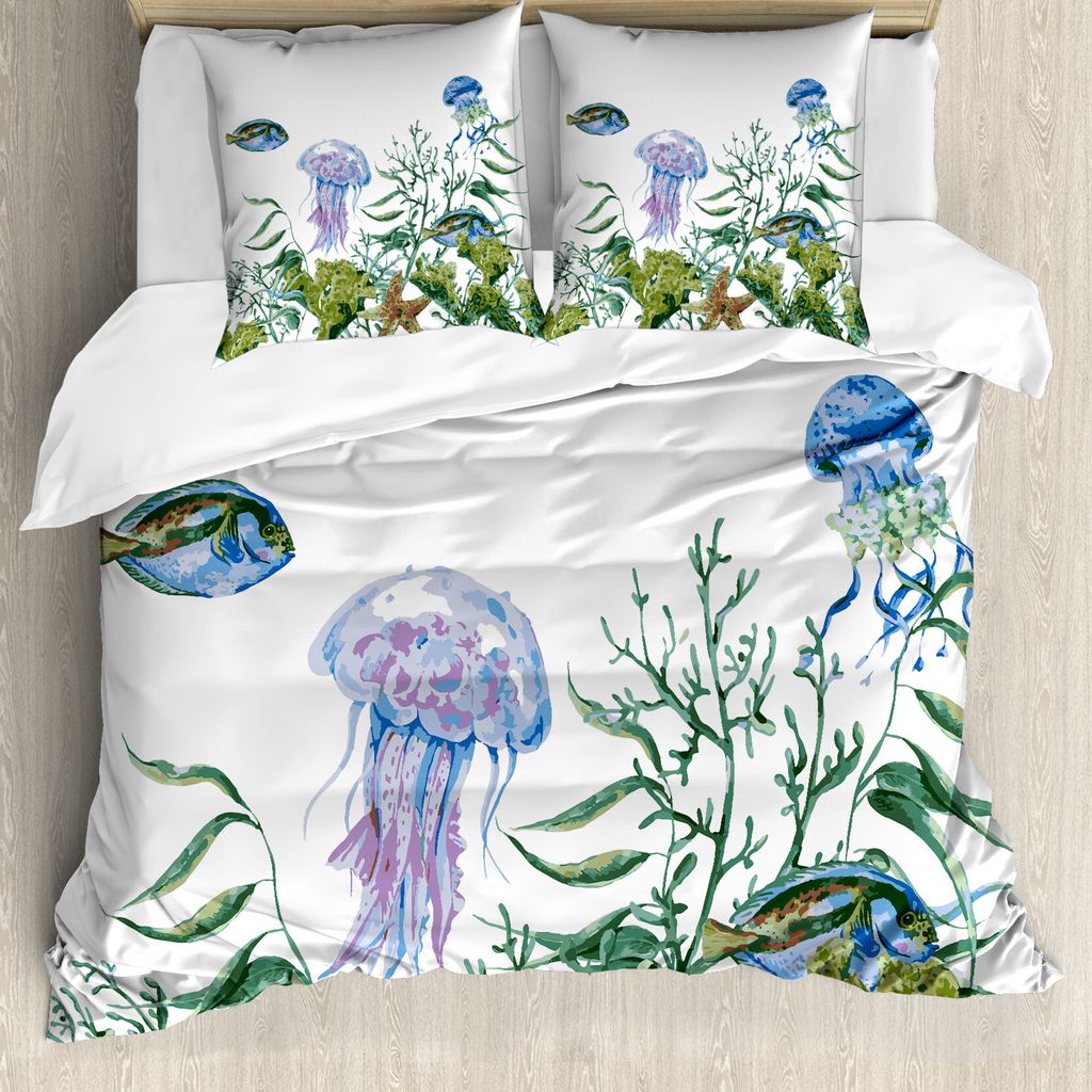 ABAKUHAUS Ozean Bettbezug, Algen Quallen Fische, Milbensicher Allergiker geeignet mit Kissenbezügen, 155 cm x 220 cm - 80 x 80 cm, Reseda-Grün-Ja...