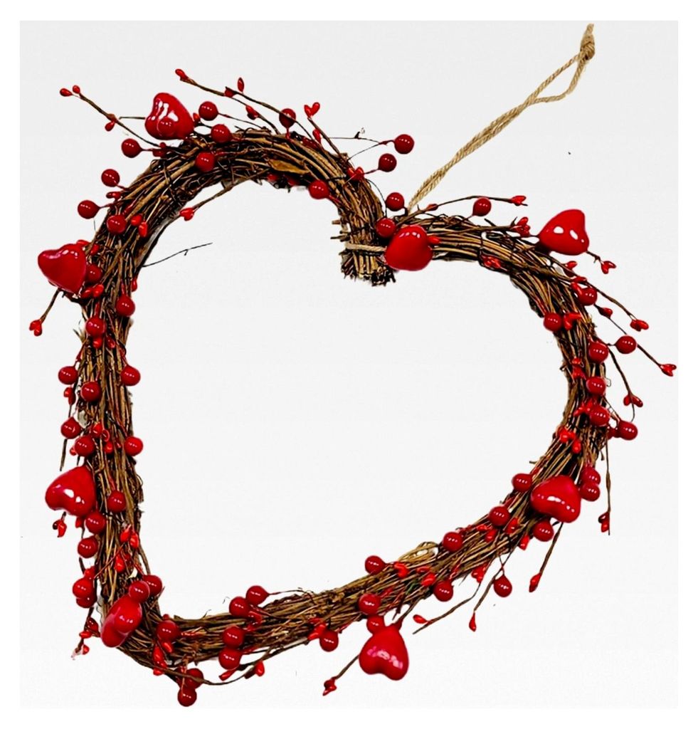 Herzförmiger Romantischer Schmuck - 30 cm Valentinstagsdeko mit roten Beeren - Für Zuhause, Außen- und Innenbereich, Tür, Fenster, Wand, Hochze...