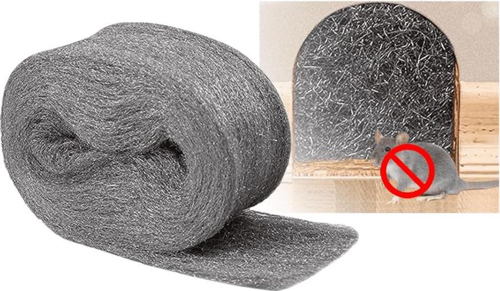 A roll of steel wool is shown next to an illustration of a mouse hole blocked with steel wool, with a mouse and a prohibition sign.