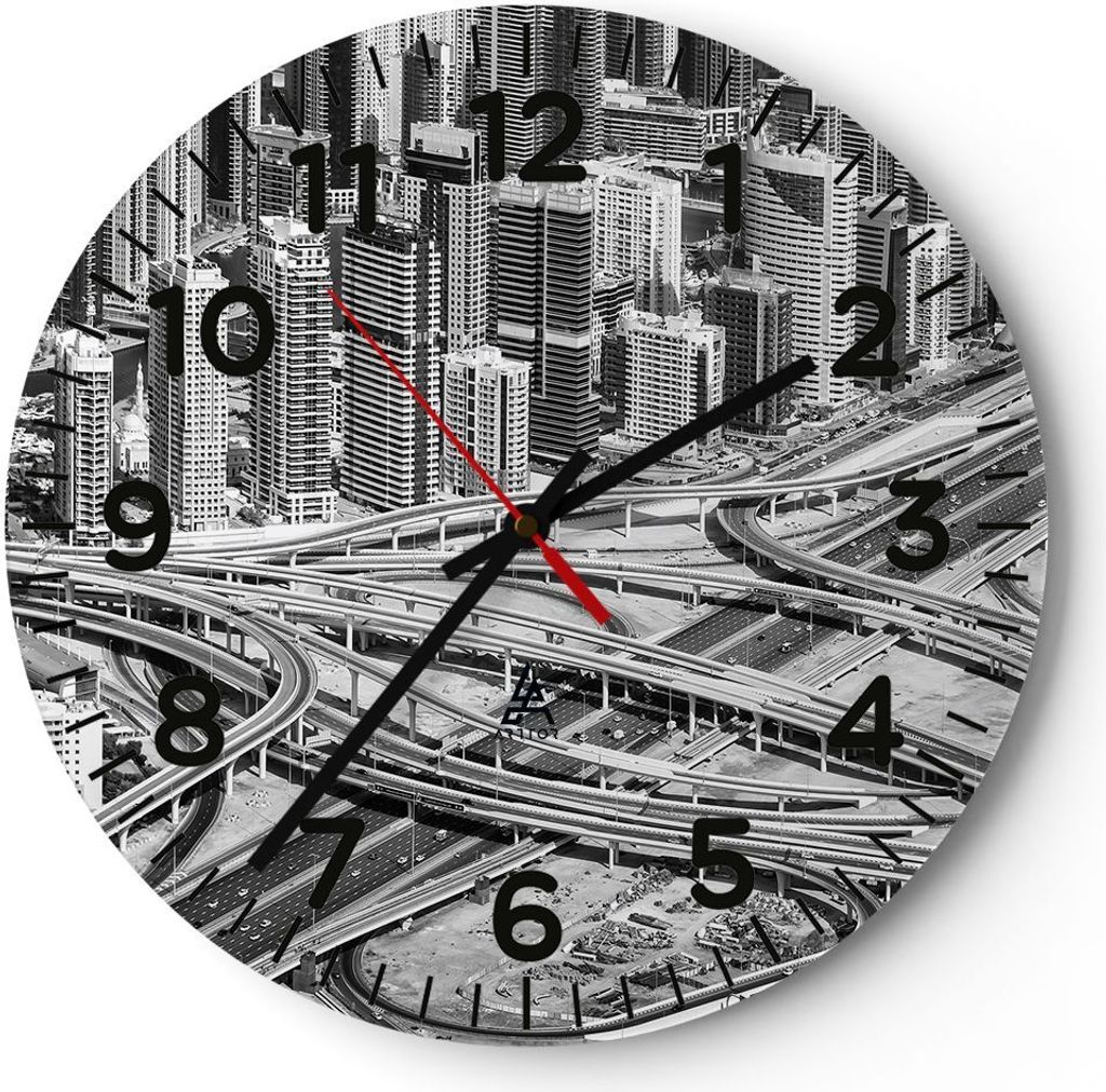 Wanduhr - Rund - Glasuhr - Stadt Wolkenkratzer Autobahn - 40x40cm - Schleichendes Uhrwerk - Lautlos - zum Aufhängen bereit - Dekoration Modern - W...