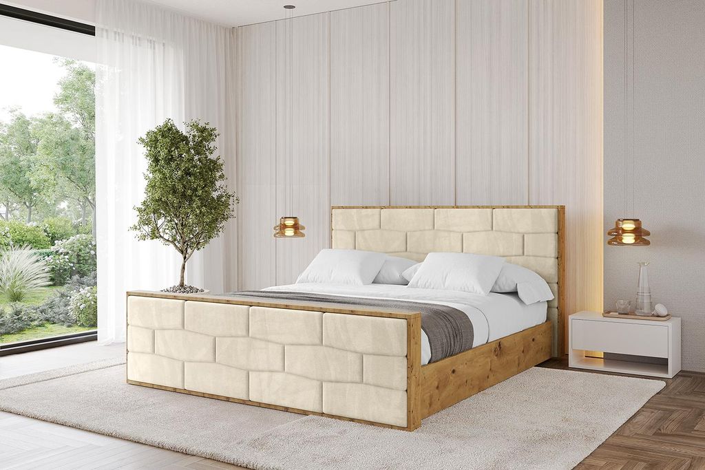 ALTDECOR Polsterbett mit Bettkasten - ENZO8-Z - 180x200 Beige- Bett mit Matratze H3/H4, Kopfteil und Fußteil, Boxbett, Doppelbett mit Stauraum
