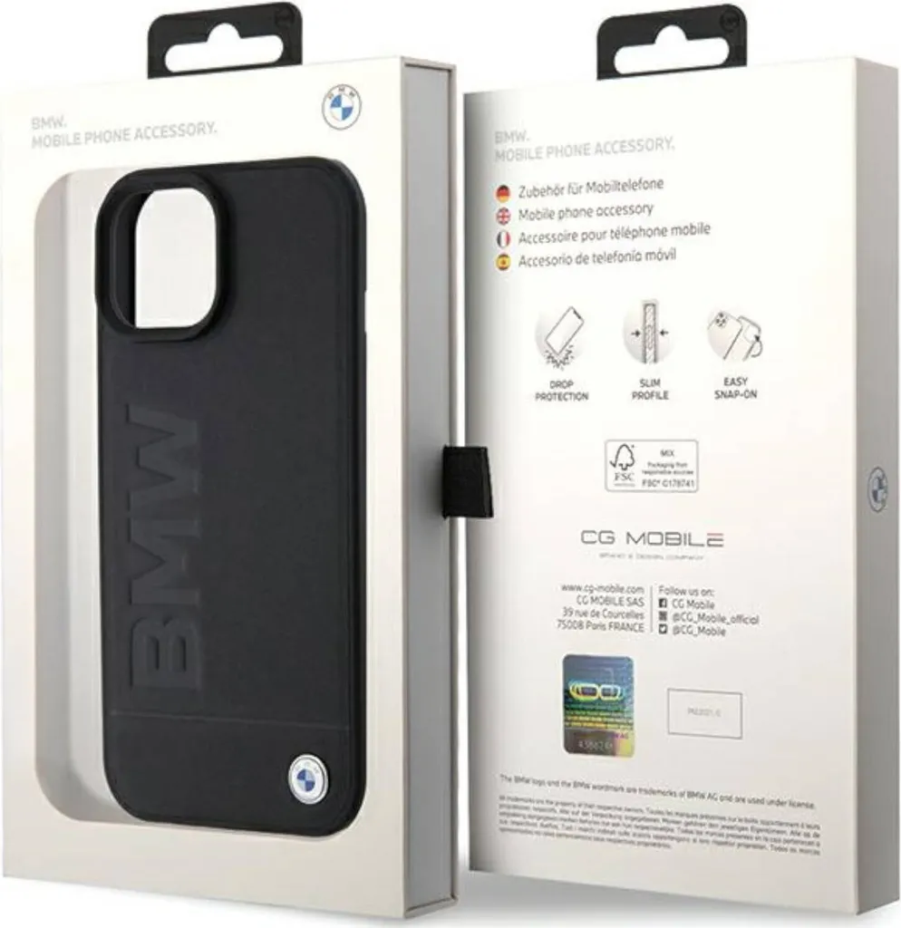 Custodia BMW iPhone 15 Plus MagSafe in Pelle Nera Timbro a Caldo - 8
