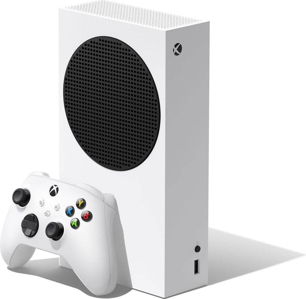 A white Xbox Series S console with a white controller in front of it, on a white background.