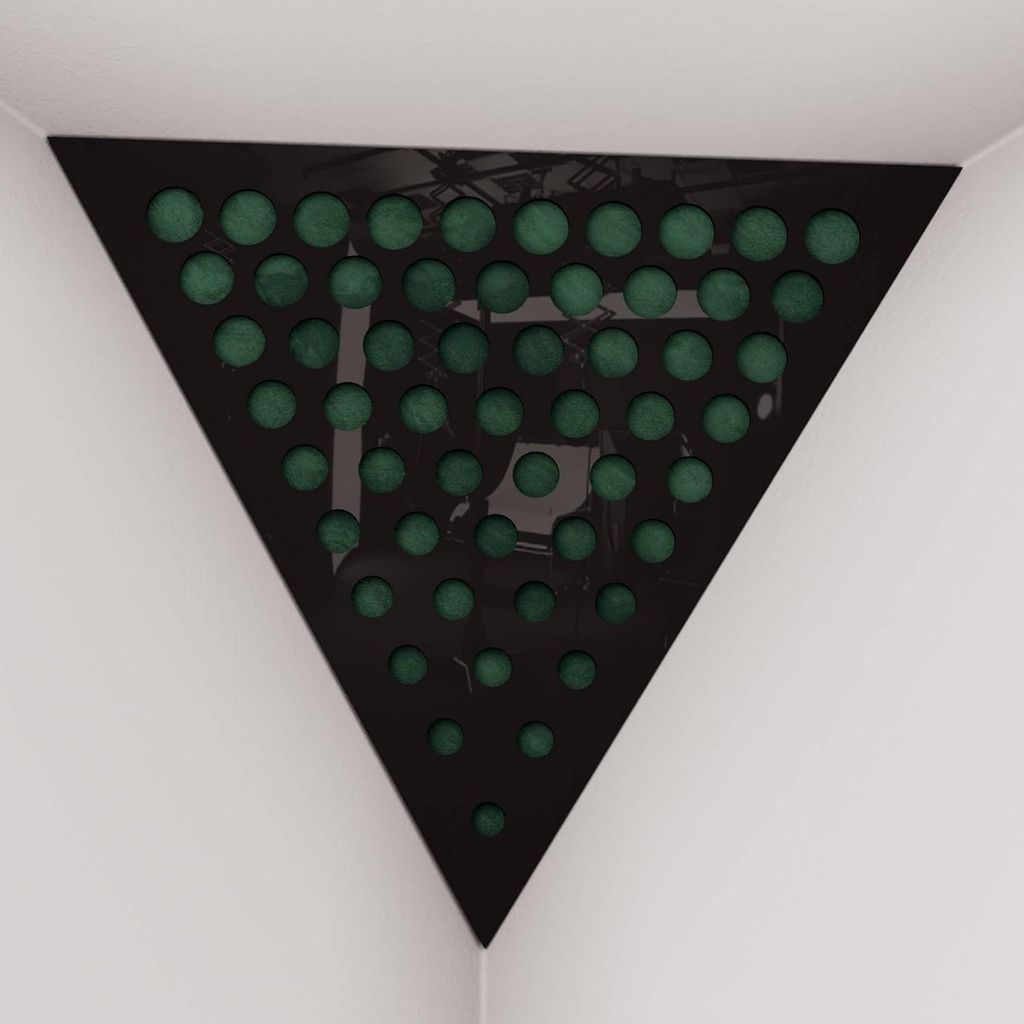2er-Pack – Deckenecken-Bassfalle "Triangle-F" | Pyramidenförmiger Akustikschaum mit laminierter HDF-Platte und Stoff [ROUNDS -Schwarzer Kunststo...