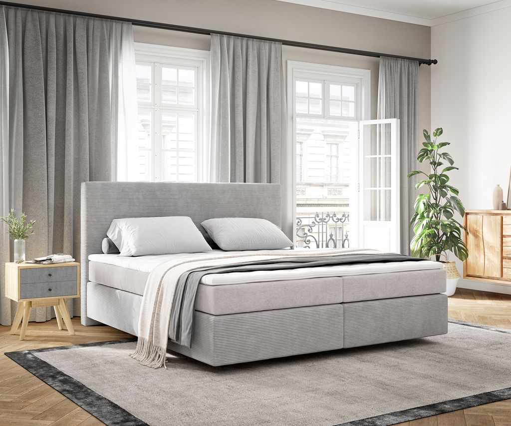 DELIFE Boxspringbett Dream-Well 180x200 cm Cord Silbergrau mit Taschenfederkernmatratze und Topper Visco