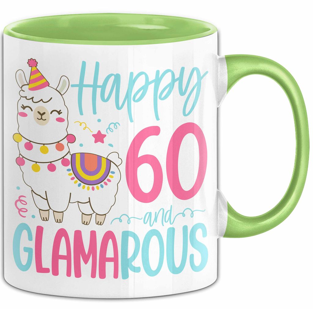 60er Geburtstag Tasse Geschenk Happy 60 And Glamarous Llama Alpaka Liebhaber Geschenkidee zum Geburtstag (Grün)