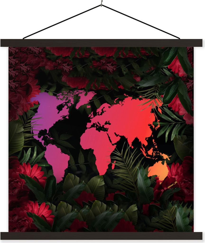 MuchoWow Textilposter Weltkarte - Farben - Blumen 90x90 cm mit schwarzem Rahmen - Magnetisches