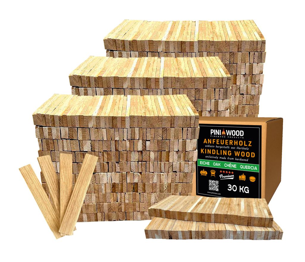Stacks of kindling wood and a box of kindling wood.