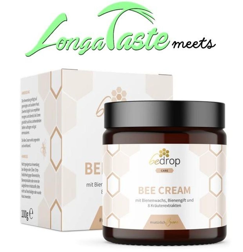 A jar of bee cream and its packaging are displayed on a white background.