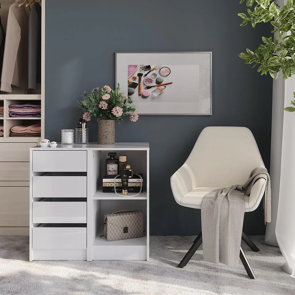 Buffet bas blanc brillant avec tiroirs Vicco Sherry 80cm pour la chambre