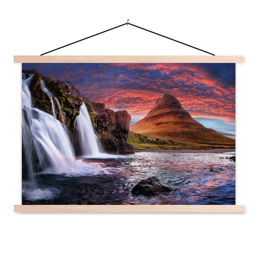MuchoWow Textilposter Wasserfall - Berg - Wolken - Rosa - Landschaft 60x40 cm mit holzfarbenen Rahmen - Bilder