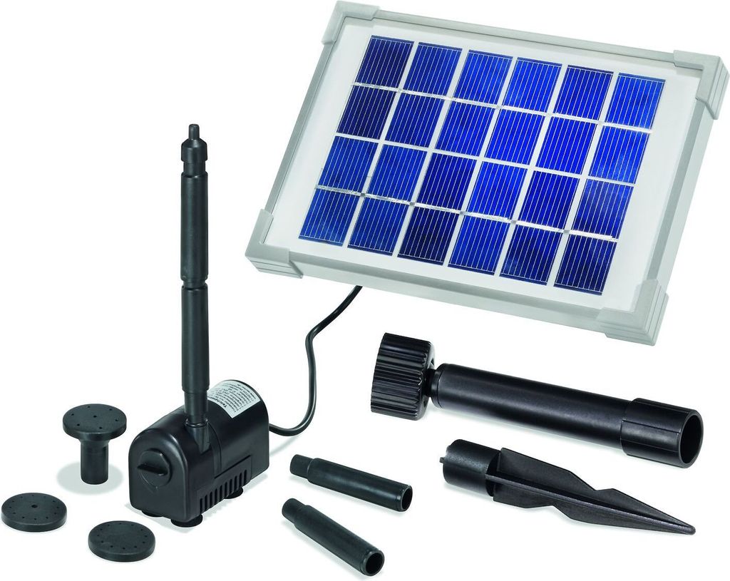 A solar-powered fountain pump kit with various attachments, laid out on a white background.