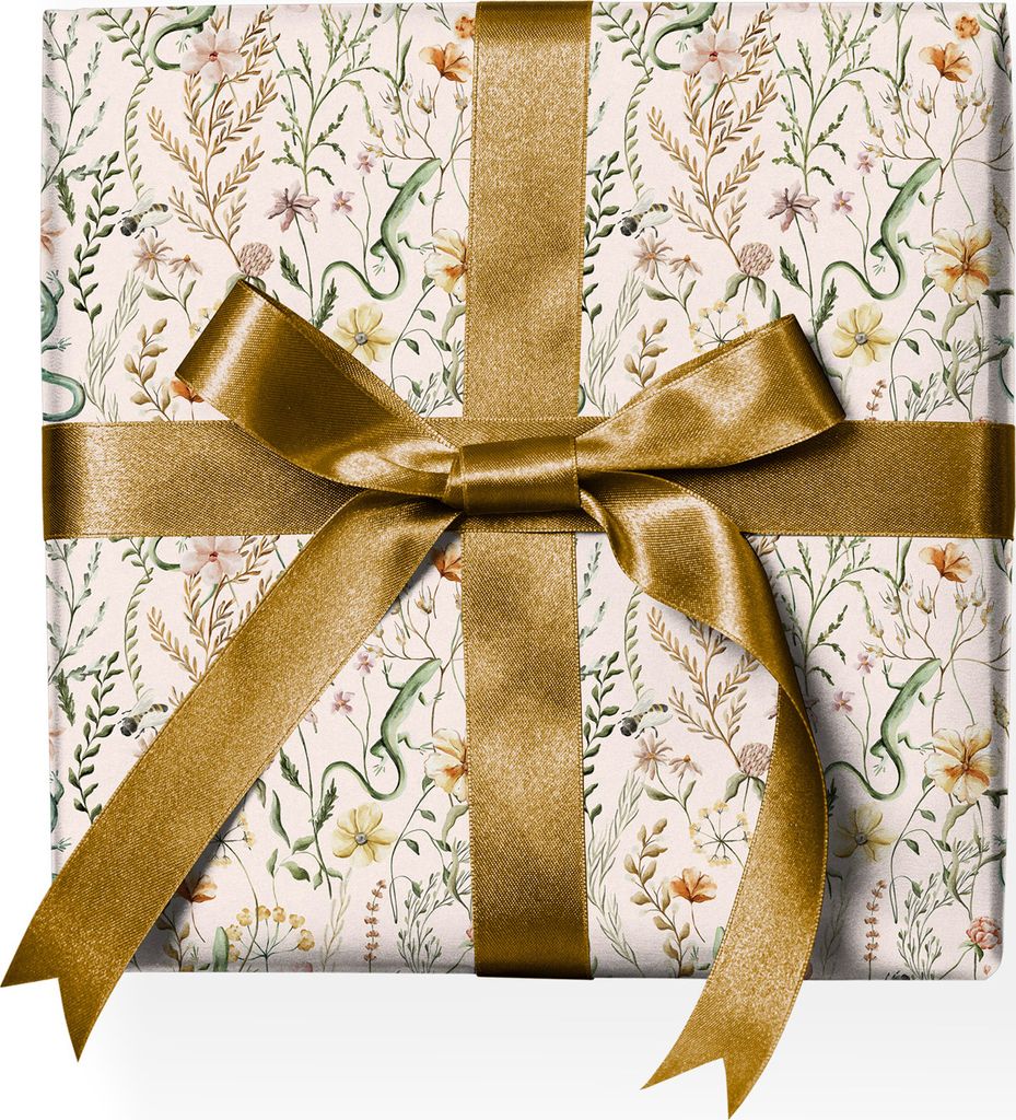 Schönes Botanik Natur Geschenkpapier mit Eidechsen und Wiesen-Blumen, beige - G22134, 32 x 48cm